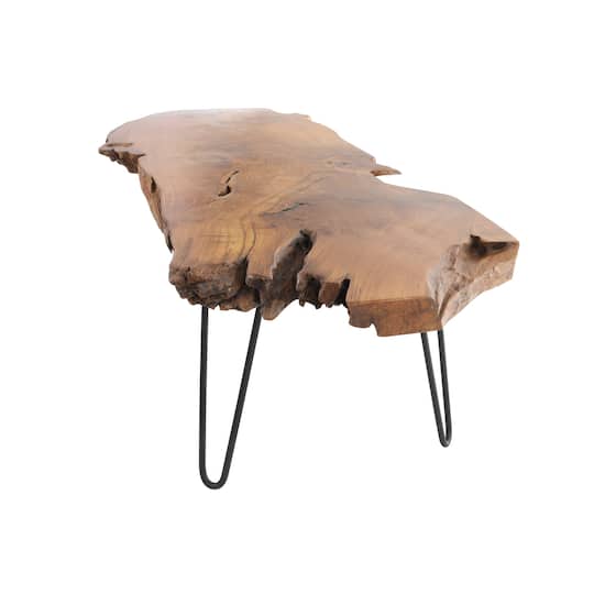 43" Brown Teak Wood Handmade Live Edge Coffee Table with Black Metal Hairpin Legs